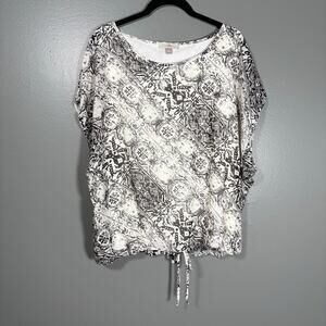 Roz & Ali Women's White & Black Patterned Boho Top - Size Large - Sheer Overlay